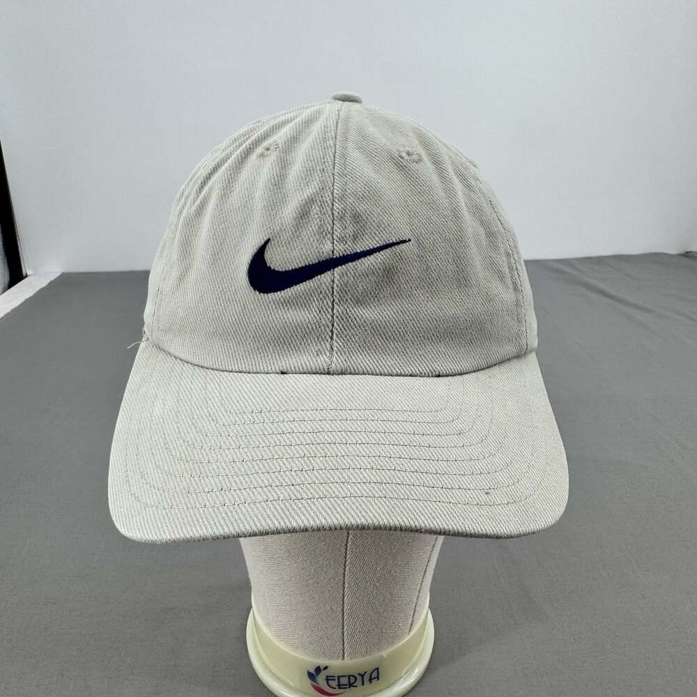 Vintage Nike Embroidered Navy Swoosh Hat Cap Beige